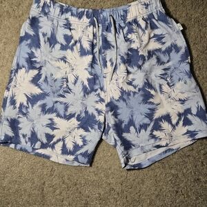 Men's Blue Palm-Print Swim Trunks with Drawstring